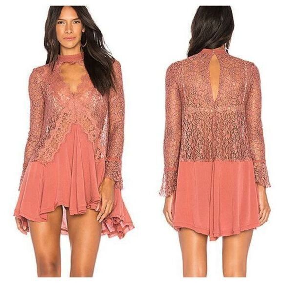 Free People Mauve New Tell Tale Lace Mini Dress - Picture 2 of 7